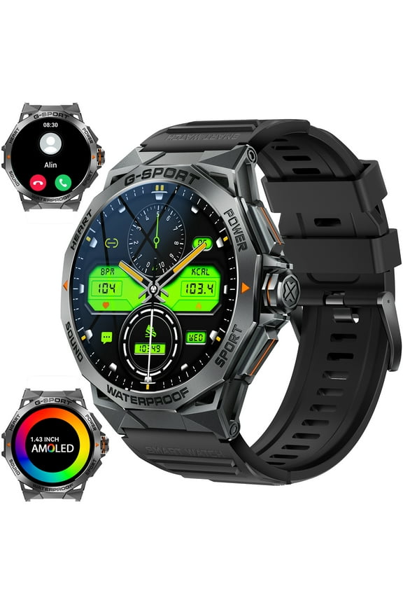 AMOLED Smartwatches for Men (Answer/Dial Calls), 1.43" Rugged Watch with 100+ Sports Modes Activities Tracker, for iPhone Android Phones