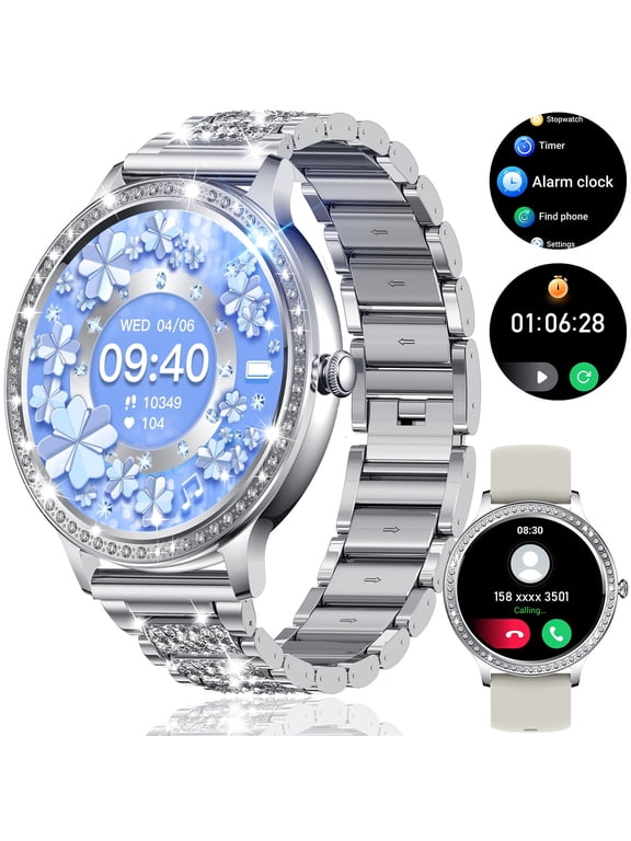 I70D1 Smart Watch for Women with Diamonds, 1.32” Full Touchscreen Smartwatch with 20 Sports Modes IP67 Waterproof Pedometer Compatible with iOS Android with 2 Straps
