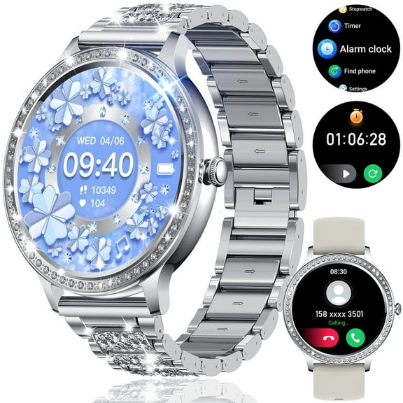 VOPOCO I70D1 Smart Watch for Women with Diamonds, 1.32” Full Touchscreen Smartwatch with 20 Sports Modes IP67 Waterproof Pedometer Compatible with iOS Android with 2 Straps