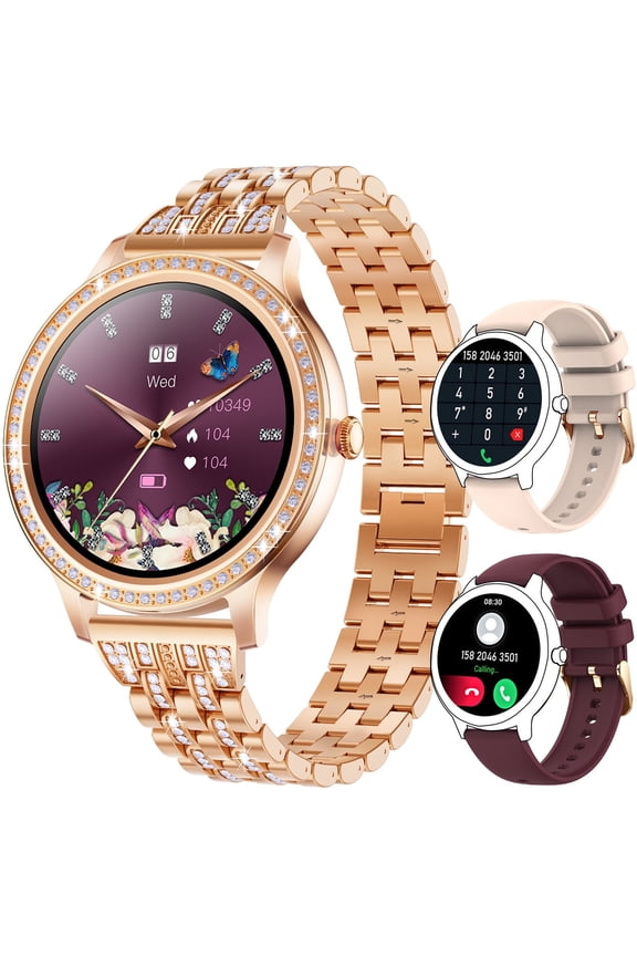 I70D1 Smart Watch for Women with Diamonds, 1.32” Full Touchscreen Smartwatch with 20 Sports Modes IP67 Waterproof Pedometer Compatible with iOS Android with 3 Straps