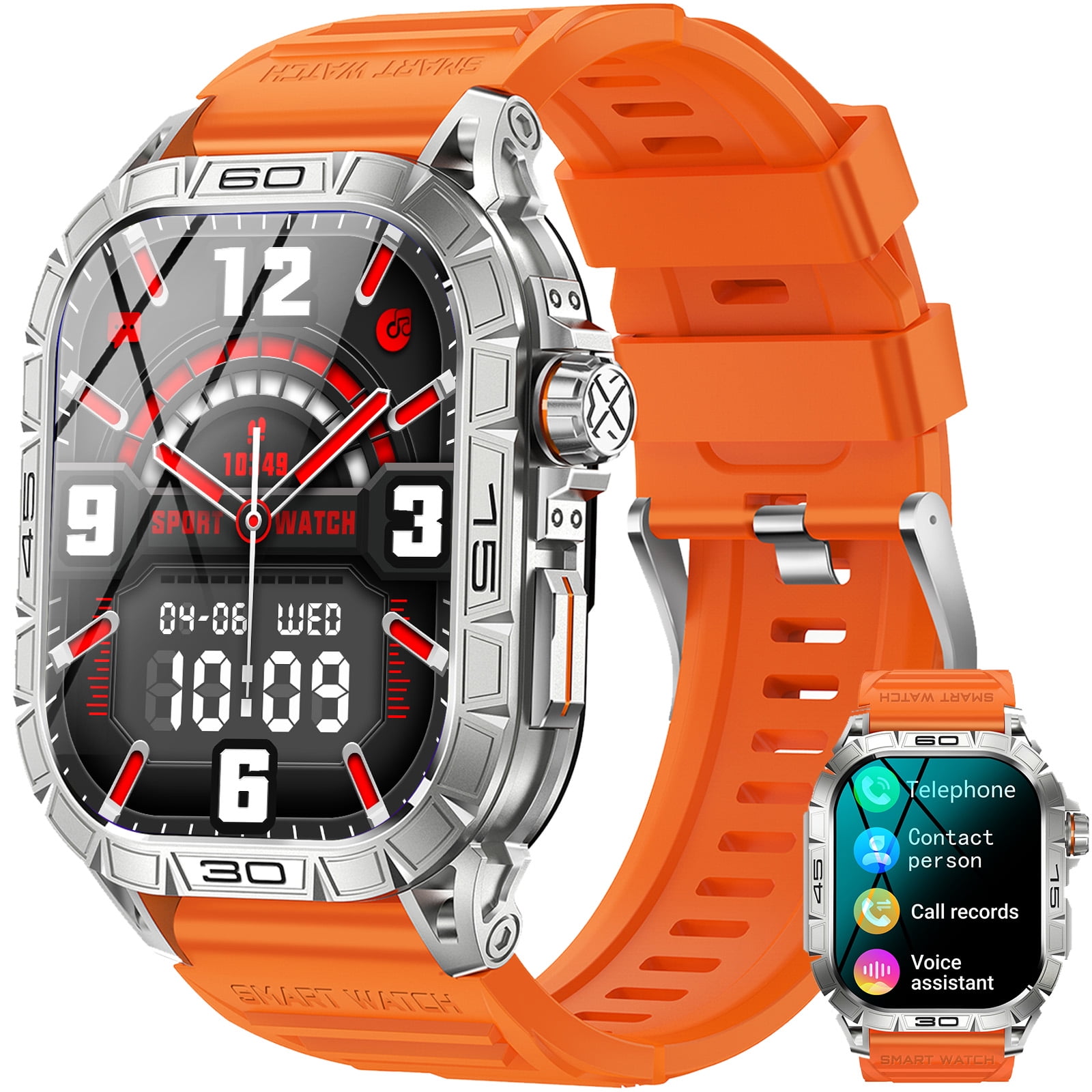VOPOCO K63 Smart Watch for Men(Answer/Call) with AMOLED Screen Rugged Smart Watch Compass Big Battery Sports Smartwatch with 100+ Sport Modes Compatible with iOS Android, Orange, 1pc