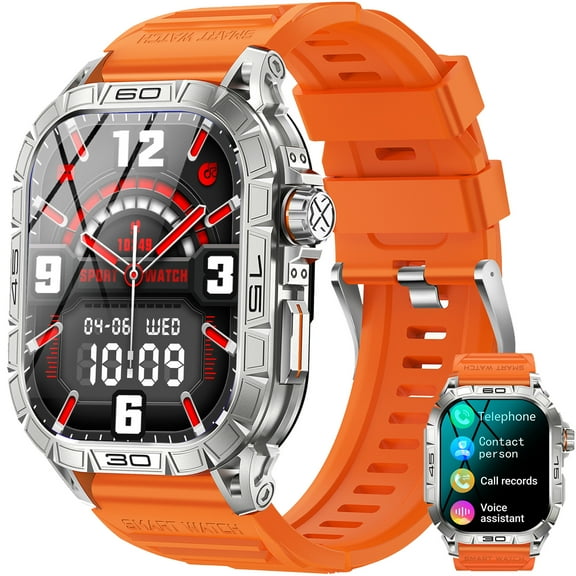 VOPOCO K63 Smart Watch for Men(Answer/Call) with AMOLED Screen Rugged Smart Watch Compass Big Battery Sports Smartwatch with 100+ Sport Modes Compatible with iOS Android, Orange, 1pc