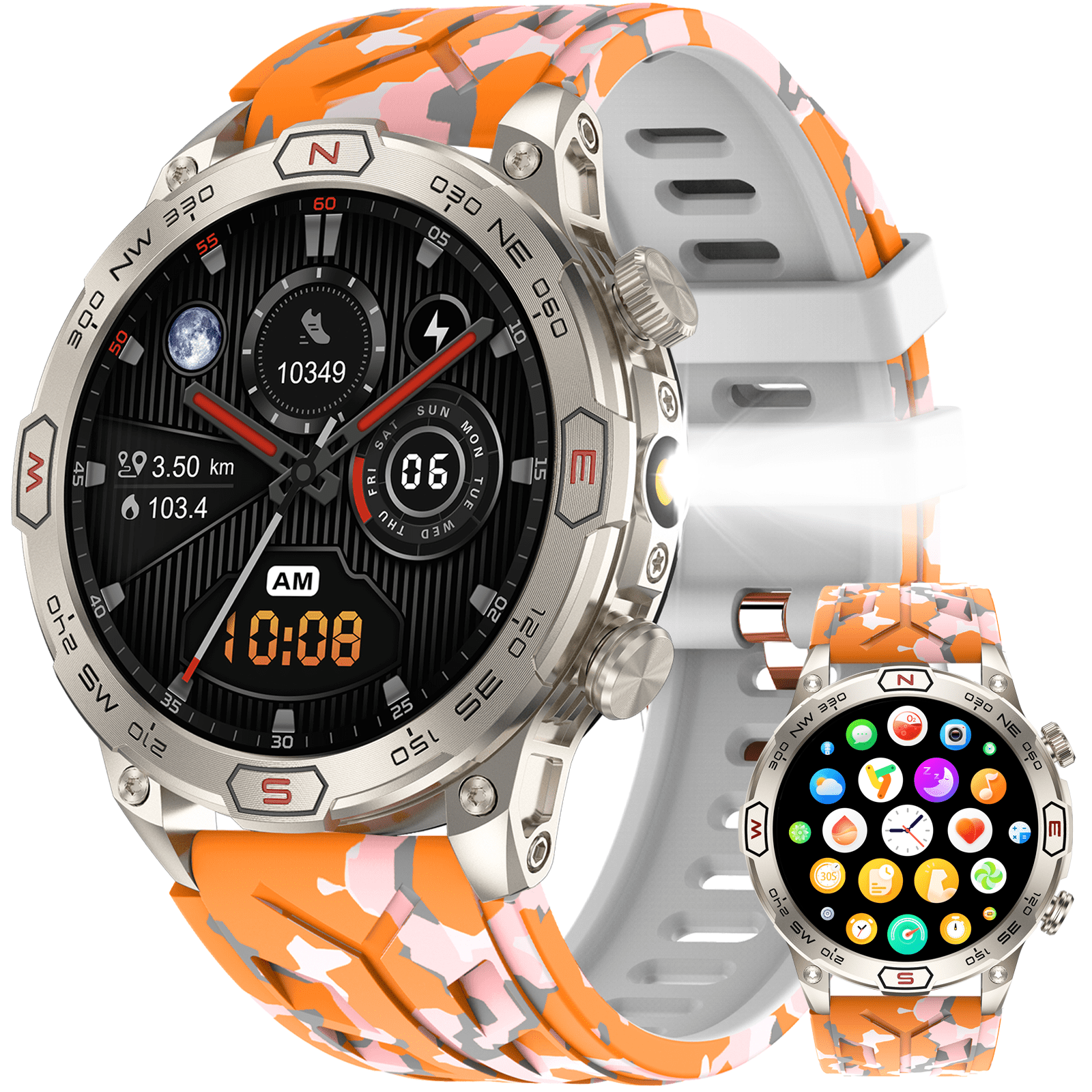 VOPOCO KC86 Smart Watches for Men, 1.43'' AMOLED Touch Screen Rugged Smartwatch with LED Flashlight Compass Altitude, 1ATM Waterproof Outdoor Sport Watch for Android iOS, 1pc, Orange