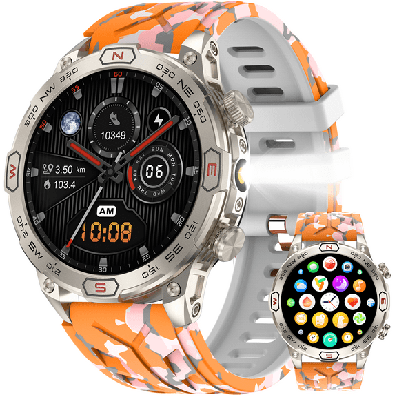 VOPOCO KC86 Smart Watches for Men, 1.43'' AMOLED Touch Screen Rugged Smartwatch with LED Flashlight Compass Altitude, 1ATM Waterproof Outdoor Sport Watch for Android iOS, 1pc, Orange