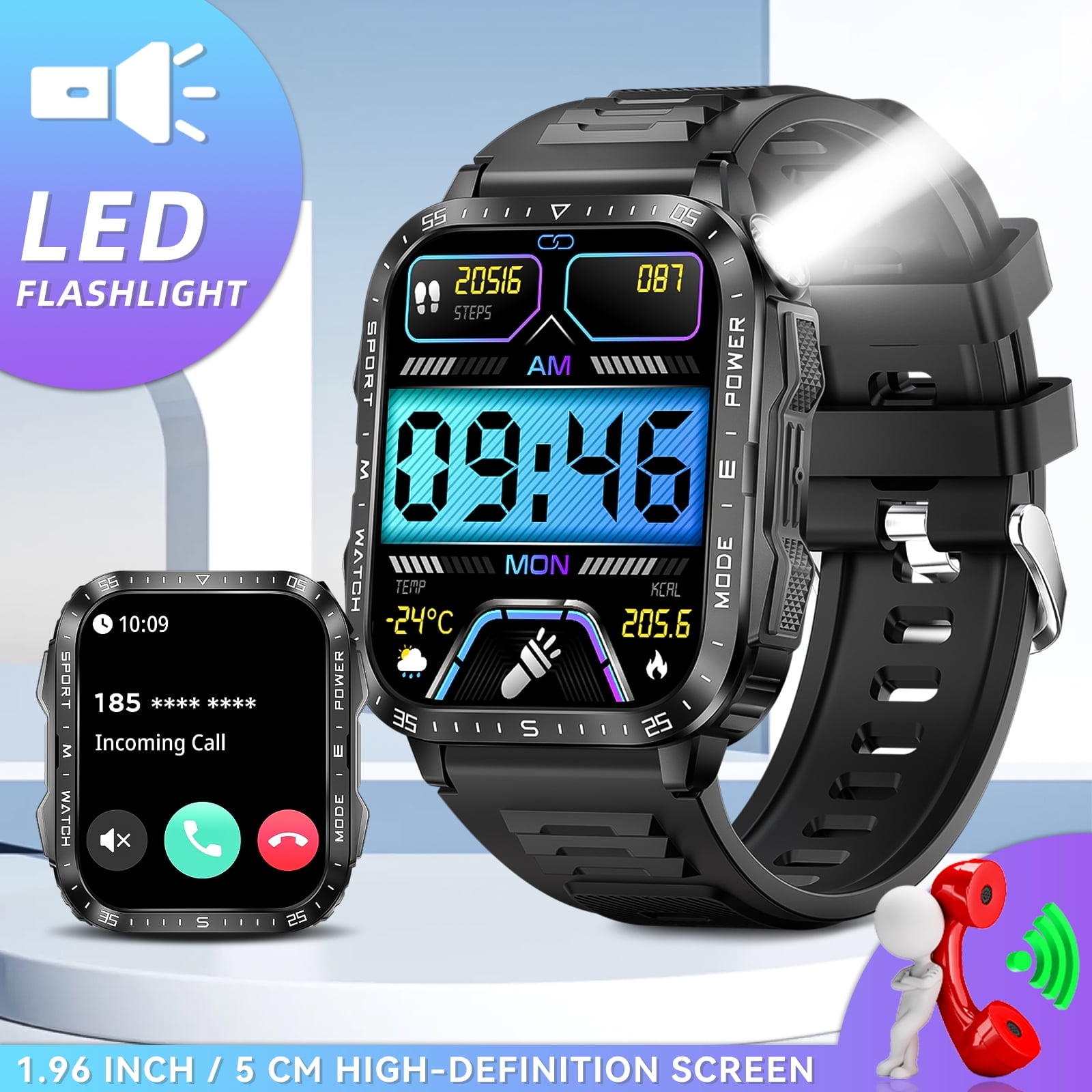 VOPOCO KT79 Smart Watch for Men with LED Flashlight 3ATM