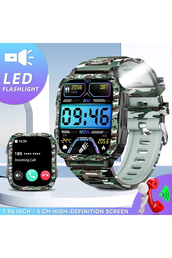 KT79 Smart Watch for Men with LED Flashlight 3ATM Waterproof Watch 1.96'' Big Screen Outdoor Smartwatch 430mAh Activity Tracker with Make Calls for iOS  Android, 1pc