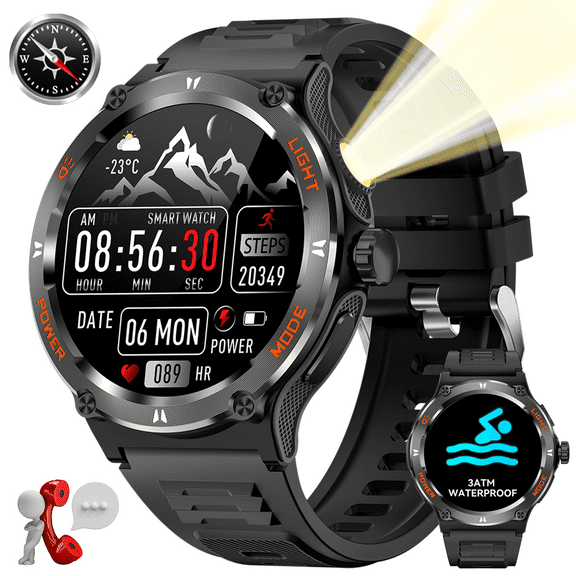 VOPOCO Military Smart Watch for Men(Answer/Call), with Flashlight 3ATM Waterproof 1.53'' HD Screen Big Battery Sport Smartwatch, 100+ Sport Modes Fitness Tracker With Compass for iPhone Android