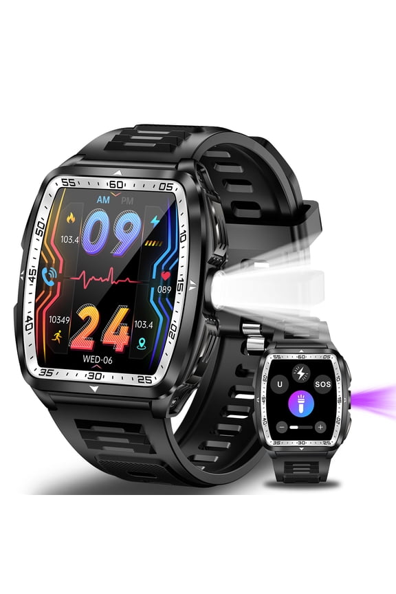 Smart Watch for Men, 1.8'' HD Barrel Screen, 50M Waterproof, LED Flashlight, Activity Tracker, Make Calls, 400mAh Battery, Compatible with iOS & Android