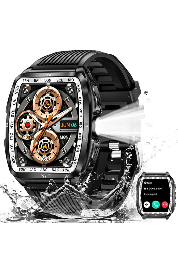 Smart Watch for Men, 1.8'' HD Barrel Screen, 50M Waterproof, LED Flashlight, Activity Tracker, Make Calls, 400mAh Battery, Compatible with iOS & Android