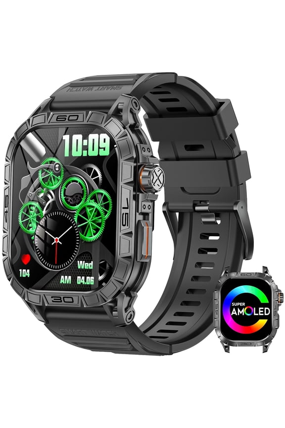 Smart Watch for Men(Answer/Call) with AMOLED Screen Rugged Smart Watch Compass Big Battery Sports Smartwatch 100+ Sport Modes Tracker Step Counter for iOS Android