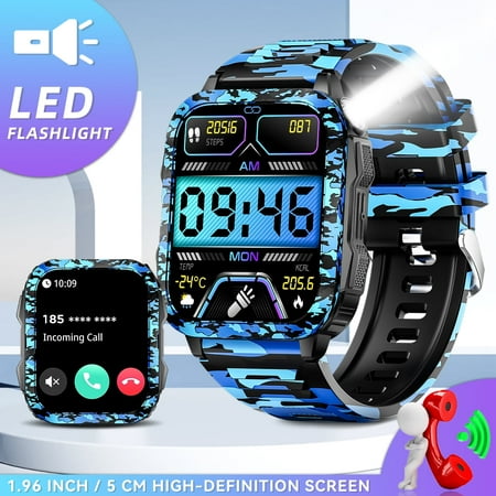 VOPOCO Smart Watch for Men with LED Flashlight 3ATM Waterproof Watch 1.96'' Big Screen Outdoor Smartwatch 430mAh Activity Tracker with Make Calls for iOS Android, 1pc