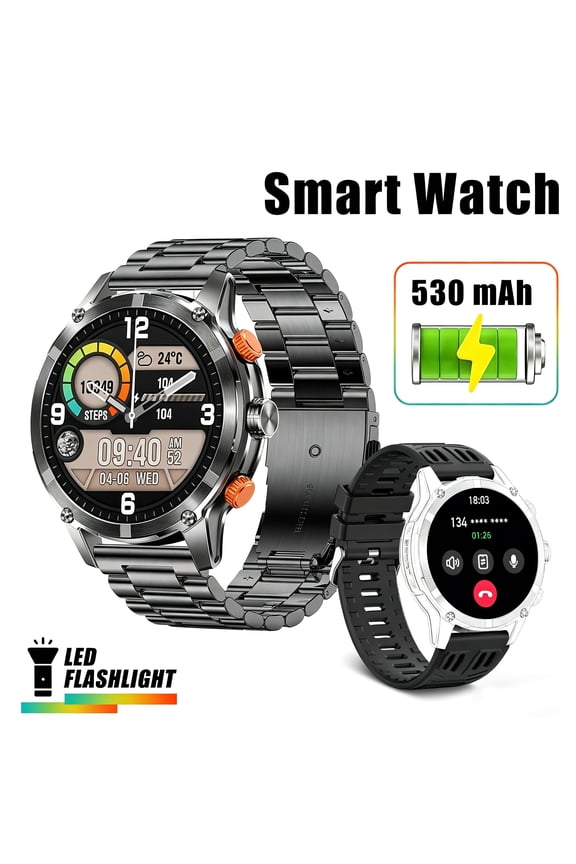 Smart Watch for Men with LED Flashlight Rugged Smartwatch 530mAh Battery Outdoor Smartwatch 100+ Sports Fitness Tracker with Make Call for iOS Android