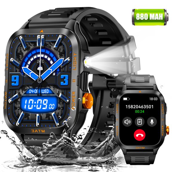 VOPOCO Smart Watches for Men (Answer/Make Calls) with 880mAh Big Battery/LED Flashlight/100 Sports Modes, 3ATM Waterproof Watch for iOS Android Smartwatch