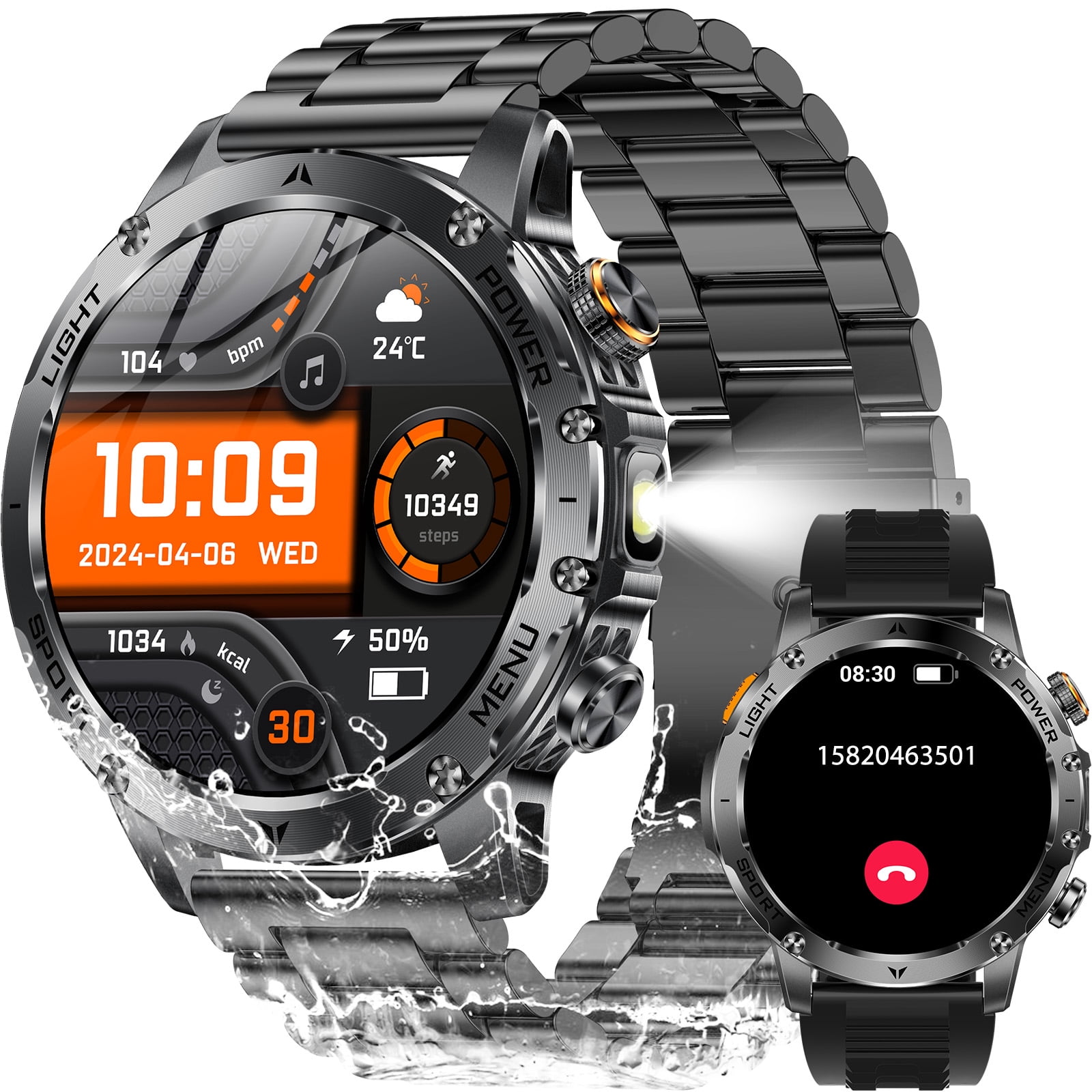 VOPOCO Smart Watches for Men (Answer/Make Calls) with LED Flashlight 1.7" HD, Outdoor Smartwatch with 100+ Sport Modes IP68 and Bluetooth Calling for iOS/Android Phones