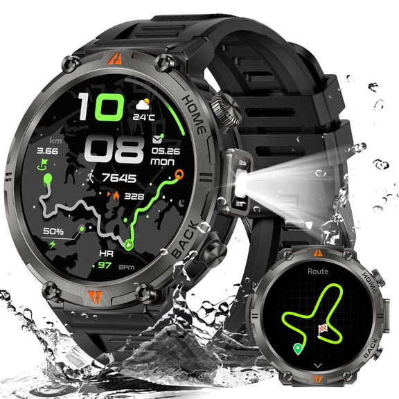 VOPOCO Smart Watches for Men (Answer/Make Calls) LED Flashlight and GPS, Rugged Smartwatch with 1.45" HD Activity Tracker Big Battery 530MAH and 3ATM Waterproof for iOS/Android