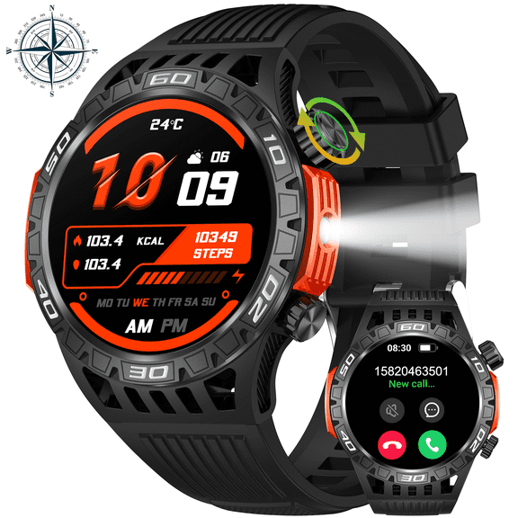 VOPOCO Smart Watches for Men with LED Flashlight Compass, 1.46" Bluetooth Call Activity Tracker with 450mAh 100+ Sports Modes, 3ATM Waterproof Smartwatch for Android iOS