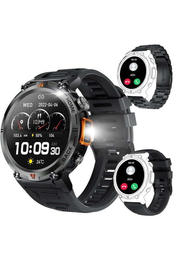 Smart Watches for Men with LED Flashlight (Make/Answer Calls) 1.45" Sports Smartwatch with 100+ Sports Modes Outdoor Waterproof Smartwatch for iOS Android Phones