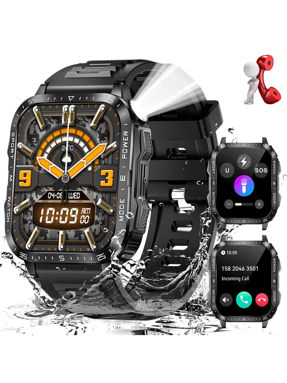 Smart Watches for Men (Make/Answer Call) with Flashlight, 1.96" HD Screen Activity Tracker with 100+ Sport Modes, 430mAh Battery Waterproof Smartwatch for iOS Android