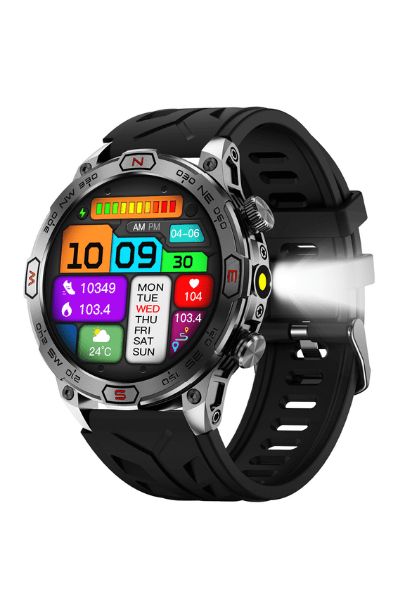 Smart Watches for Men with LED Flashlight, 1.43" AMOLED Smartwatch with Compass, 100+ Sports Modes Fitness Tracker, for Android iOS