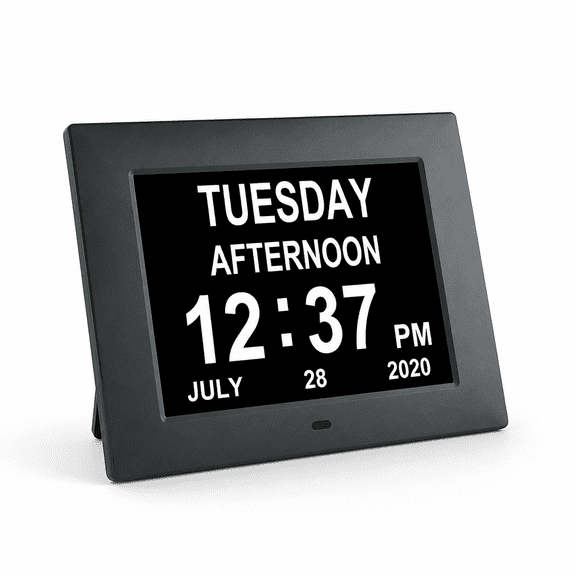 VORALYN Clock Digital Clock with Extra Large Unabbreviated Day Calendar Day Date Time Clocks for Elderly Visually Impaired Memory Loss + 8 Alarm Reminders - 7" Black