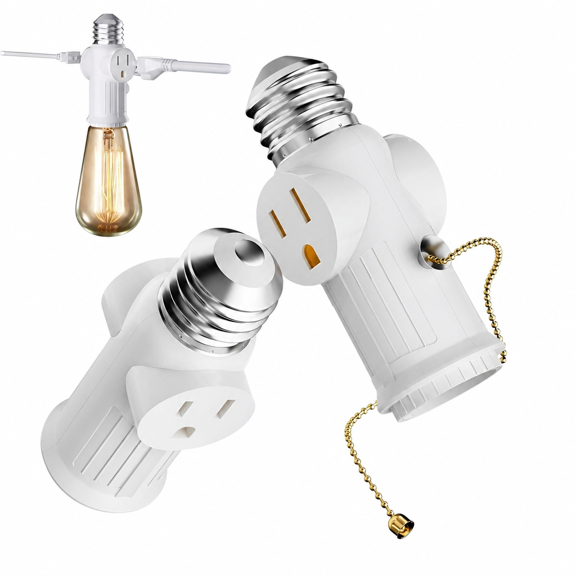 VORALYN Light Socket To Plug Adapter 2 Pack Pull Chain 2/3 Prong Light Socket Adapter E26/E27 Light Bulb Socket Polarized Plug Converter For Garages Living Rooms
