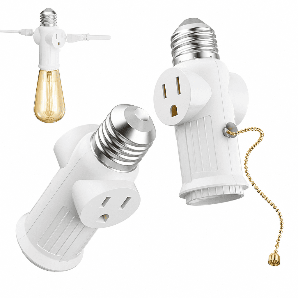 VORALYN Light Socket To Plug Adapter 2 Pack Pull Chain 2/3 Prong Light Socket Adapter E26/E27 Light Bulb Socket Polarized Plug Converter For Garages Living Rooms