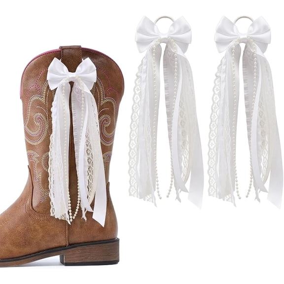 VORALYN White Ribbon Bow Martin Boot Bows, White Satin Ribbons Boot Bows Glitter Pearl Lace Holiday Birthday School Accessory Decor