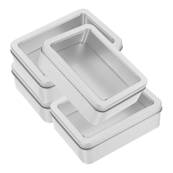 VORCOOL 4Pcs Silver Rectangular Tin Boxes with Window Lid Tinplate Containers for Candy and Jewelry