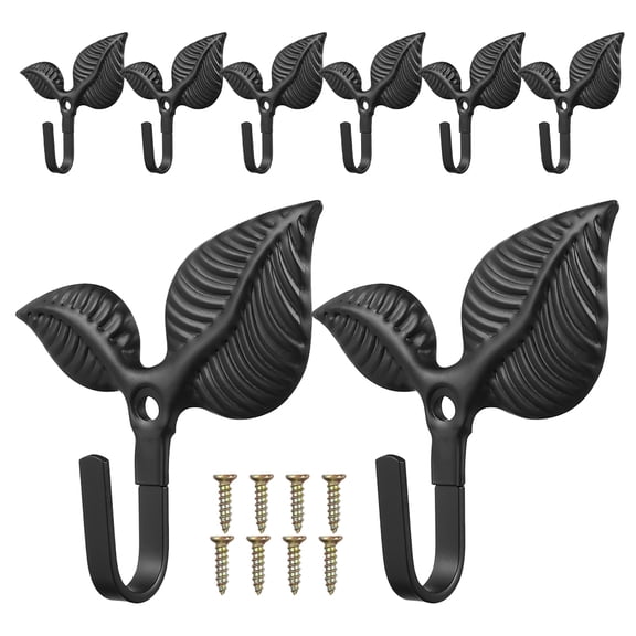 VORCOOL 8Pcs Black Metal Wall Hooks Vintage Style Leaf Shaped Cloakroom Hooks with Screws