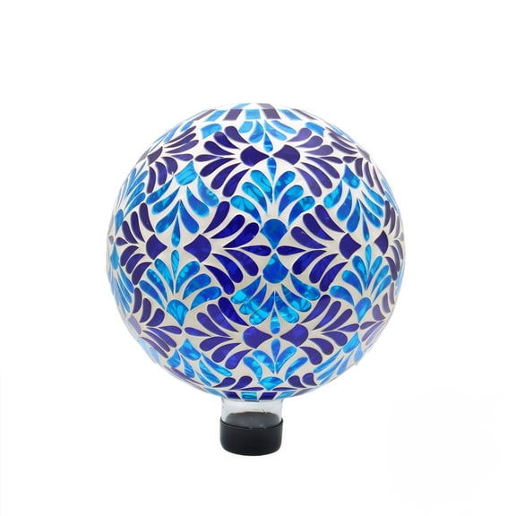 VOREEN 10" Blue Floral Pattern Mosaic Glass Gazing Ball, Handmade, IP44 Waterproof