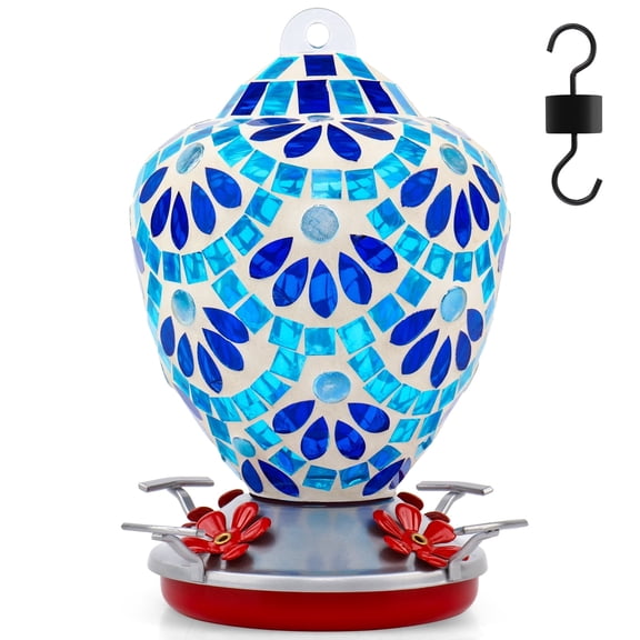 VOREEN Glass Mosaic Hummingbird Feeders, Hand Blown Glass Outdoor Hanging Bird Feeder, Porch Garden Backyard Decor, Blue Flowers Design