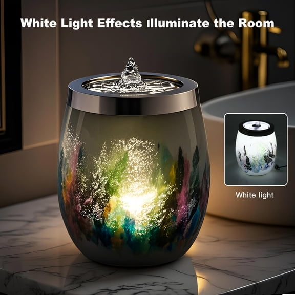 VOREEN Handblown Glass Tabletop Fountain - Art Glass Indoor Fountain with Cool White Ambient Glow - Grey