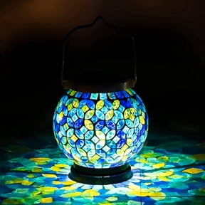 VOREEN Mosaic Glass Solar Outdoor Hanging Lanterns, Handmade, Waterproof, Green & Yellow Leaves Pattern
