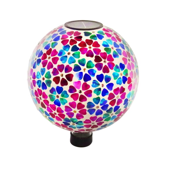 VOREEN Mosaic Solar Glass 10in Multicolor Heart Flower Design Glass Gazing Ball, Solar, IP44 Waterproof