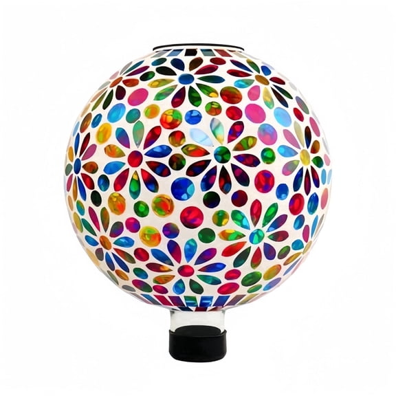 10 Inch VOREEN Mosaic Solar Glass Gazing Ball, Heart Floral Pattern IP44 Waterproof Solar Light Globe, Handmade Multicolor Outdoor Garden Decor Sphere for Patio Lawn Yard Backyard