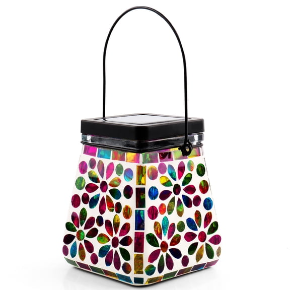 VOREEN Mosaic Solar Lanterns, Handmade Outdoor Glass Hanging Lights, Solar Table Lamps, Colorful Flower
