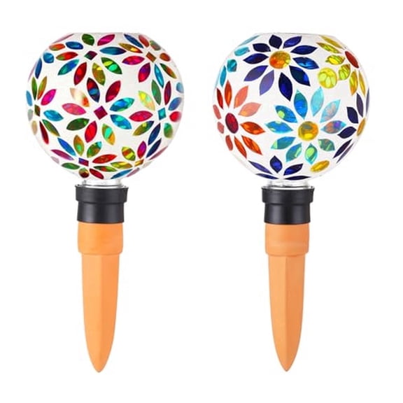 VOREEN Handmade Mosaic Glass Plant Self Watering Globes 2 Pack 500ml, Automatic Watering Bulbs with Clay Spike, Indoor Outdoor Decor, Gardener Gift,( Multi-Color Flower)