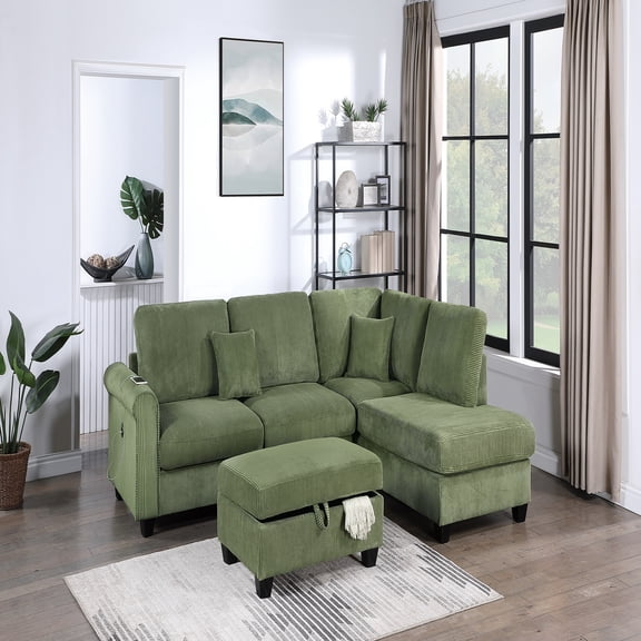 VORENE 3 Piece L Shaped Corduroy Sectional Sofa Set With Chaise And Ottoman, Sage
