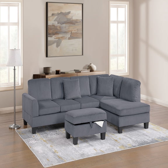 VORENE 3pc Corduroy Sectional Sofa with RAF Chaise LAF Sofa and Storage Ottoman, Dark Gray