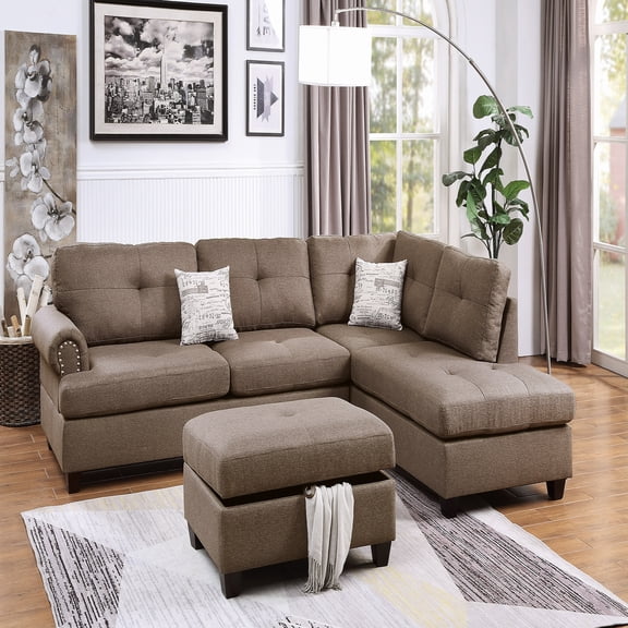 VORENE 3pc Reversible Fabric Sectional Sofa with Chaise Ottoman and Decor Pillows, Mocha