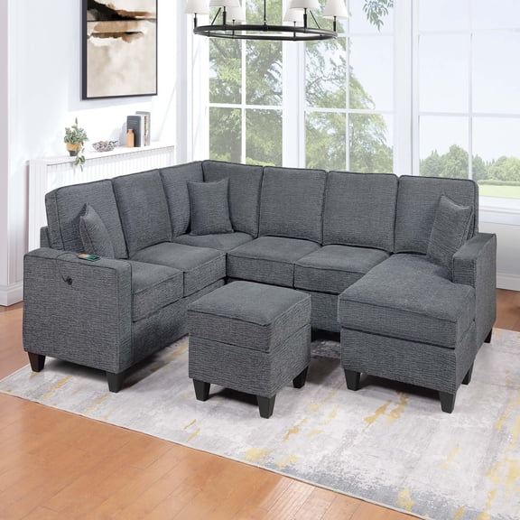 VORENE 5pc Modular Sectional Sofa with USB Port Corner Wedge Armless Chair and Chaise, Slate Gray