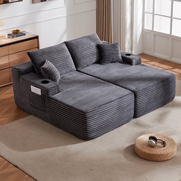 VORENE 69 Inch Cloud Sectional Couch L&R Chaise Deep Seat 2 Seater Plush Fabric Living Room, Grey
