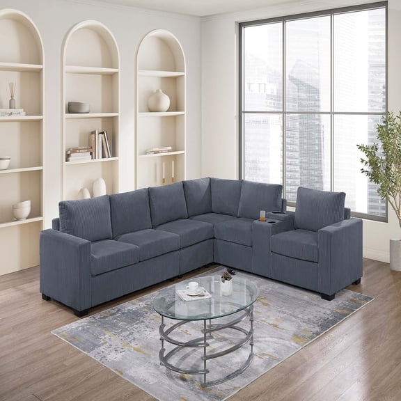 VORENE 6pc Large Corduroy Sectional Set with Loveseat Wedge Console and Armless Chair, Dark Gray