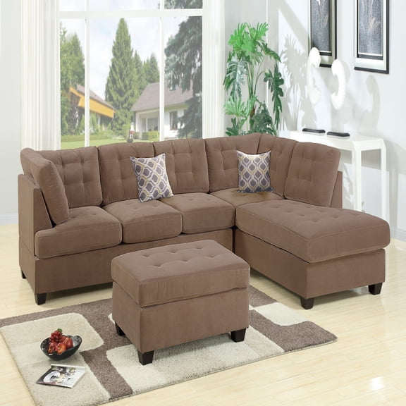 VORENE Waffle Suede Sectional Sofa with Tufted Cushion and Decorative Pillows, Truffle