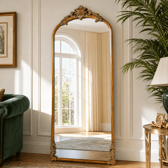 VORENTA 69"x28" Vintage Floor Mirror Arched Full Length Mirror Baroque Carved Wall Mounted Decor Traditional Ornate Mirror with Stand, Antique Bronze