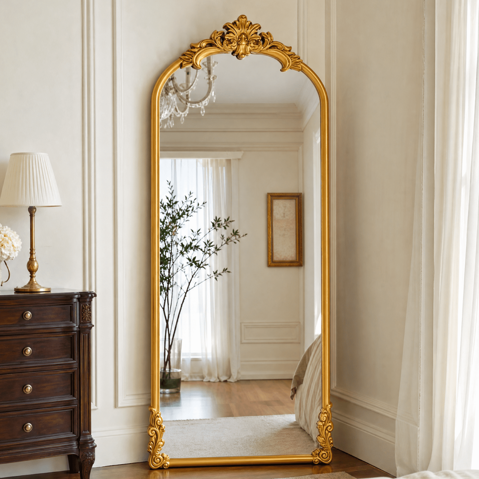 VORENTA 69"x28" Vintage Floor Mirror Arched Full Length Mirror Baroque Carved Wall Mounted Decor Traditional Ornate Mirror with Stand, Gold