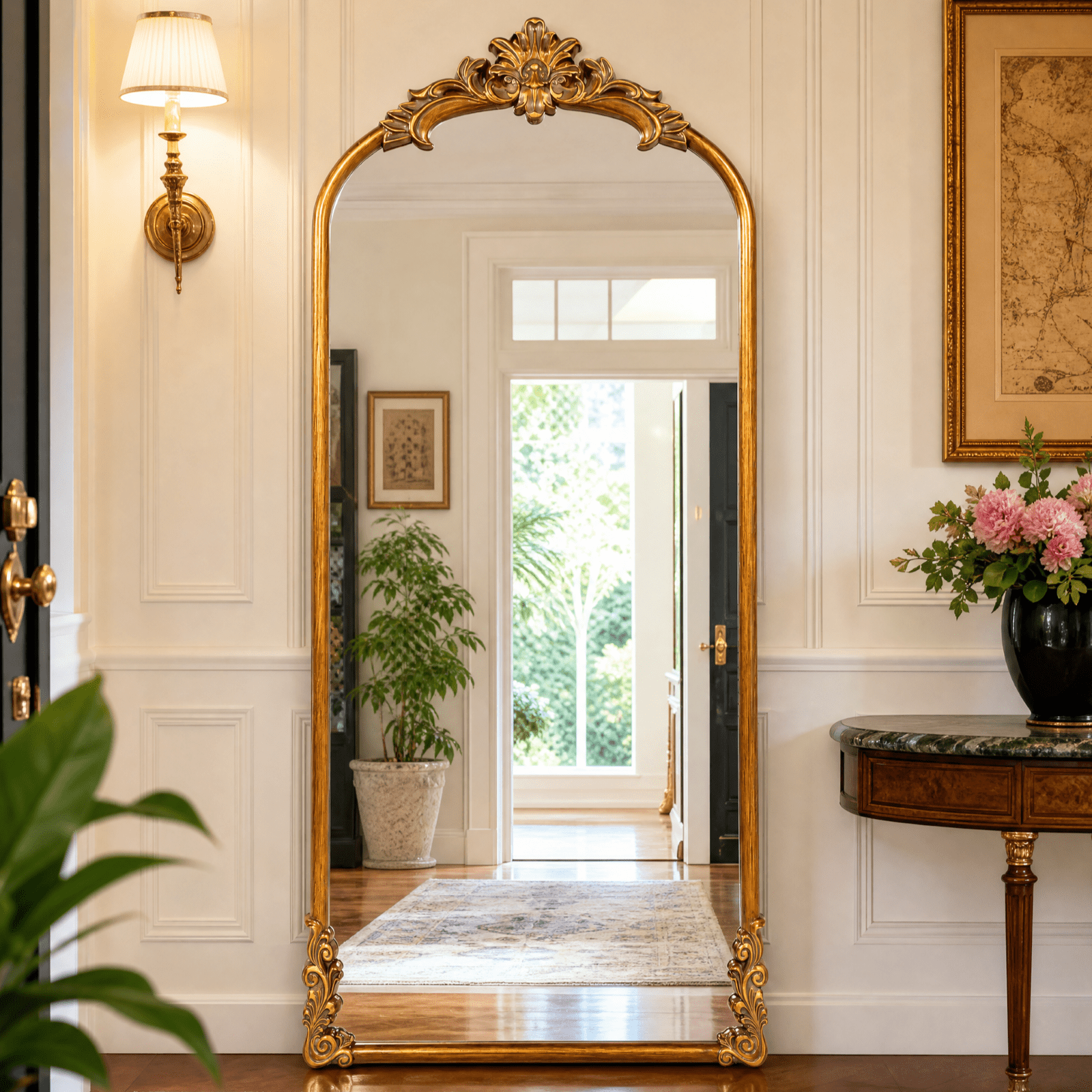 VORENTA 71"x32" Vintage Floor Mirror Arched Full Length Mirror Baroque Carved Wall Mounted Decor Traditional Ornate Mirror with Stand, Antique Bronze