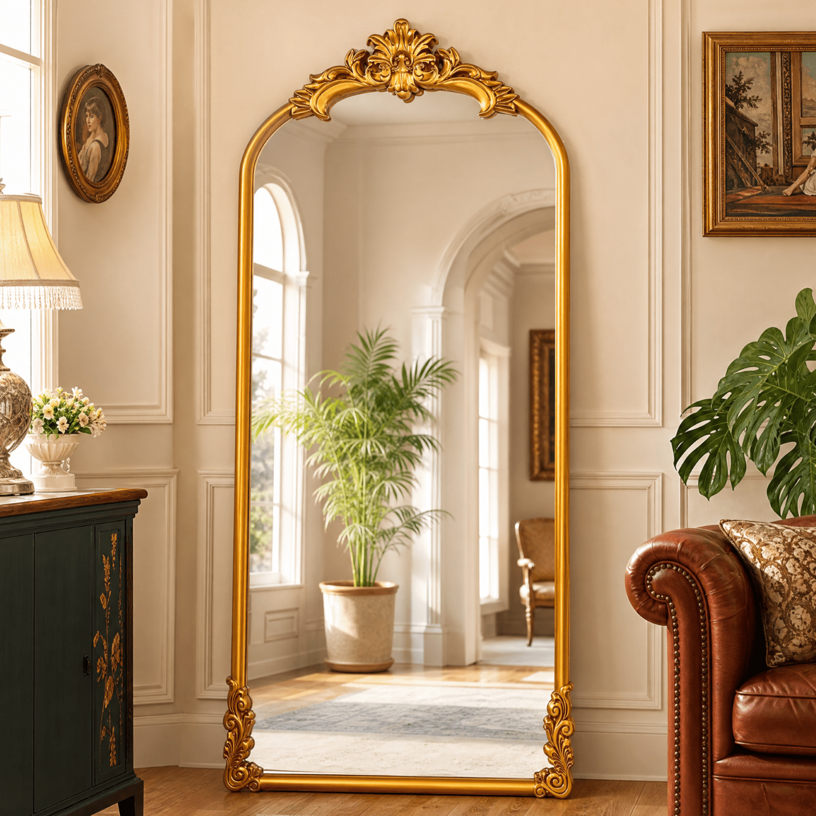 VORENTA 71"x32" Vintage Floor Mirror Arched Full Length Mirror Baroque Carved Wall Mounted Decor Traditional Ornate Mirror with Stand, Gold