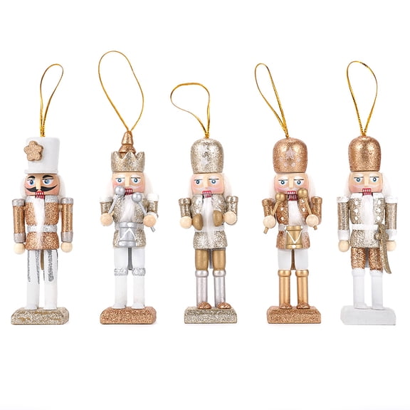 VORFOR 5 Pcs Wooden Nutcracker Soldier, Nutcracker Decorations, Christmas Ornament Vintage Decor Gift 5'' Golden