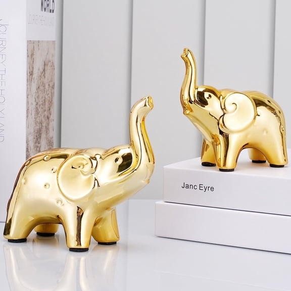 Vorfor A Pair Elephant Statue Home Decor, Modern Style Figurines, Sculpture Elephant Decorations for House Living Room Office Desktop Bookshelf, Gold